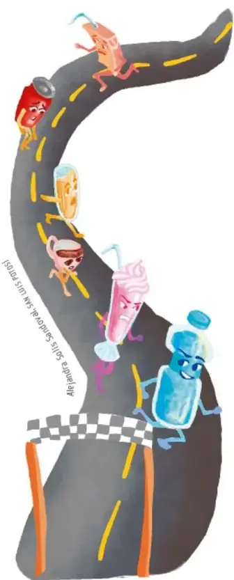 Carretera en forma de S con meta a cuadros por la que corren productos antropomórficos: barra, refresco en lata, galleta, gelatina, malteada y botella de jugo azul; los de mayor azúcar van atrás. Ilustración de Alejandra Solís Sandoval, San Luis Potosí.