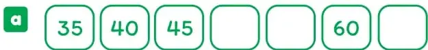 Secuencia a) con los números 35, 40, 45 en recuadros verdes y tres recuadros vacíos intercalados antes y después del 60.