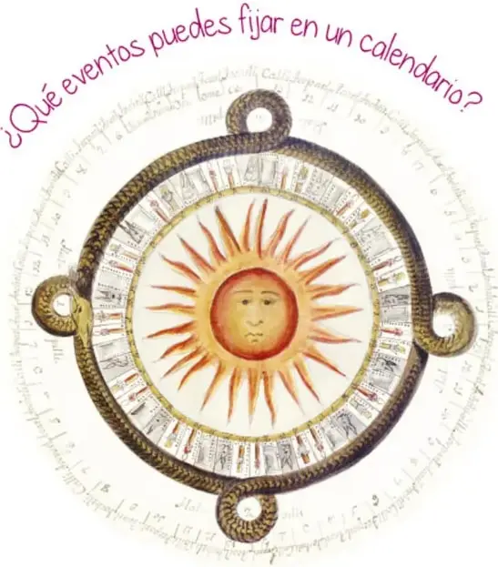 Ilustración de la Piedra del Sol (calendario mexica): disco con un sol de cara humana y rayos al centro, rodeado de signos de los días y dos serpientes, con la pregunta curva '¿Qué eventos puedes fijar en un calendario?'.