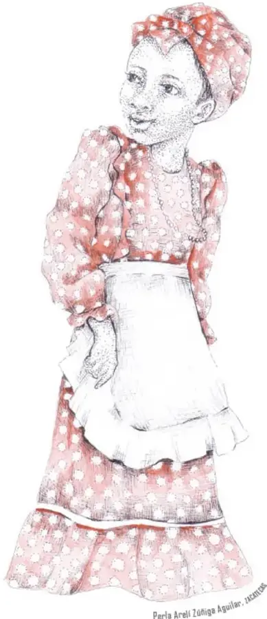 Ilustración de una mujer mascoga con vestido rosa de flores, delantal blanco y pañoleta a juego; dibujo de Perla Areli Zúñiga Aguilar.