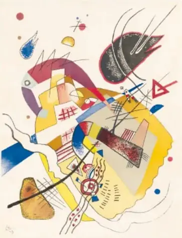 Pintura abstracta densa y colorida de Kandinsky (pie de figura 'Himero oseo', 1923, según la maquetación): remolinos de verde, azul, rojo y amarillo.