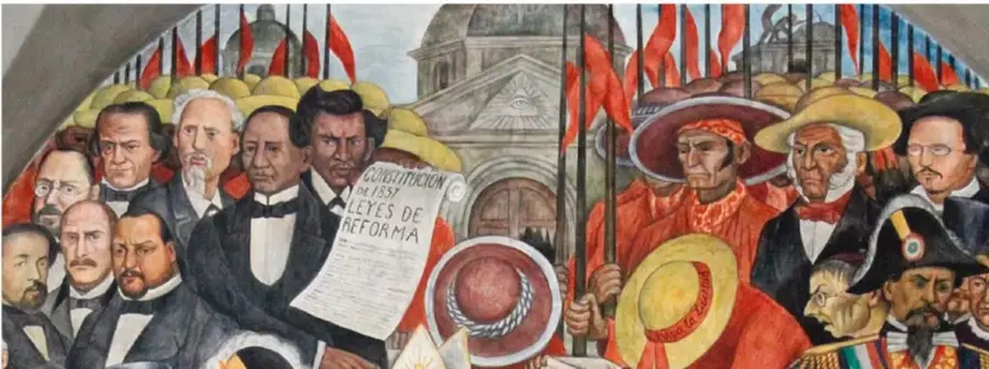 Mural que representa la promulgación de las Leyes de Reforma: a la izquierda, liberales con traje de levita y un documento titulado 'Constitución de 1857. Leyes de Reforma'; a la derecha, el pueblo con sombreros de palma y banderas rojas, y un grupo de conservadores con uniformes militares.