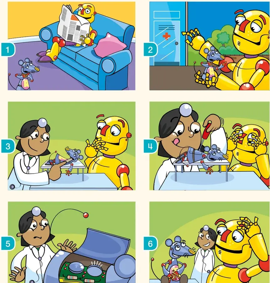 Seis viñetas numeradas del 1 al 6 que narran la visita de Beep y el ratón al hospital.