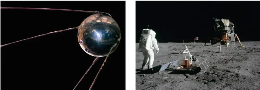 Fotografía de un satélite esférico con antenas, probablemente el Sputnik o similar.
