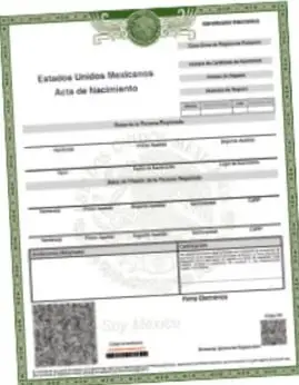 Imagen de un acta de nacimiento de los Estados Unidos Mexicanos, ejemplo de documento de acreditación de identidad.