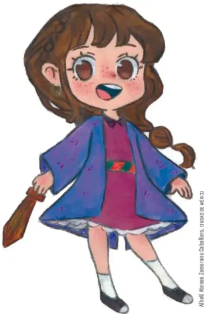 Ilustración de una niña pirata con cabello castaño, abrigo azul, vestido morado y un catalejo en la mano.