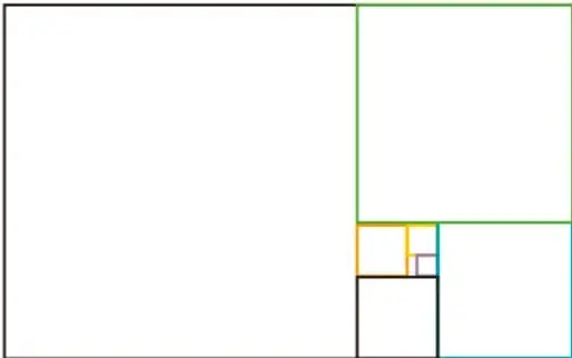 Rectángulo negro dividido en varios cuadrados de colores (verde, azul, amarillo, morado) que se hacen progresivamente más pequeños hacia el centro derecho, mostrando la subdivisión sucesiva de rectángulos dorados.