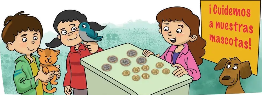 Ilustración de tres estudiantes frente a una mesa: uno sostiene un gato, otra tiene un loro en el hombro y otra niña muestra monedas sobre la mesa; a un costado un perro mira y un cartel amarillo dice «¡Cuidemos a nuestras mascotas!».