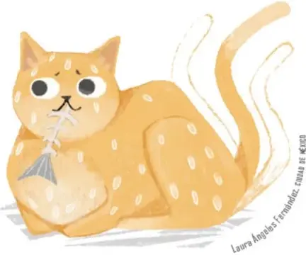 Gato naranja atigrado, con expresión culpable, sosteniendo en el hocico el esqueleto de un pescado; crédito de la ilustradora.
