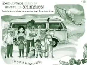 Miniatura del recurso '¡Descubrimos cómo se mueven los animales!': familia con niños frente a un camión, rodeada de animales de distintos hábitats, entre ellos una ballena o vaquita marina al fondo.