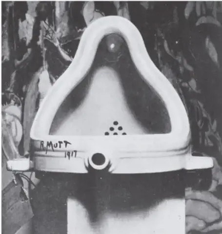 Fotografía en blanco y negro de un urinario de porcelana firmado "R. Mutt 1917": la obra dadaísta Fuente (Fountain) de Marcel Duchamp.