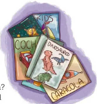 Ilustración de varias revistas infantiles apiladas con títulos como KIDS, COCH, DINOSAURIOS y CARACOLA.