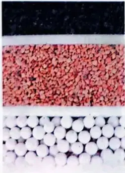 Imagen de un filtro de agua formado por capas de carbón, grava y otros materiales.