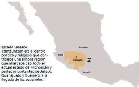 Mapa del Estado tarasco con Tzintzuntzan como centro político y religioso, y regiones de Jalisco, Guanajuato y Guerrero.
