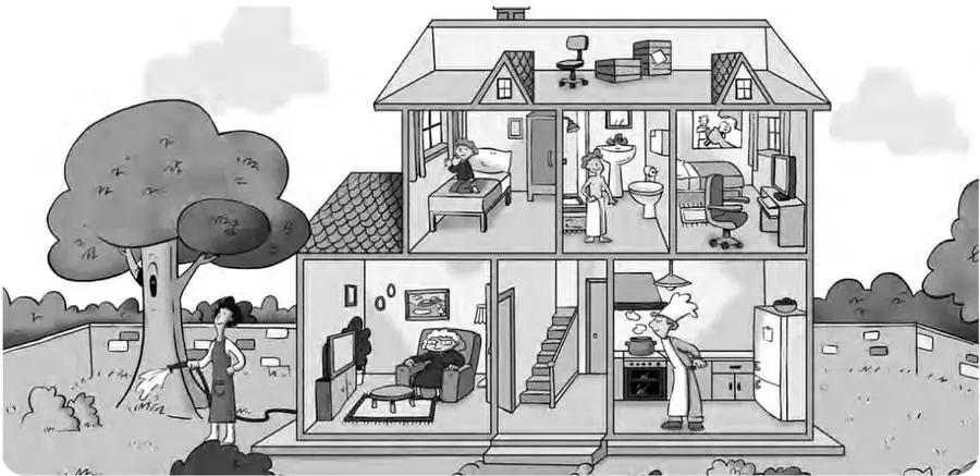 Ilustración en blanco y negro de una casa en corte con varias habitaciones: baño y dormitorio arriba, living room y cocina abajo, jardín con árbol a la izquierda. Aparecen Charlie en el baño, Mum en el jardín, Dad en el living room y Granny en la cocina.