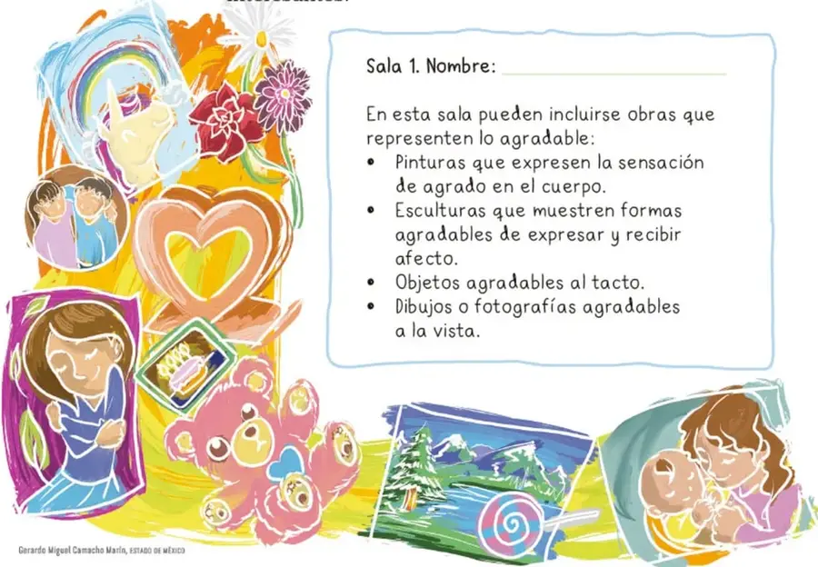 Collage colorido con un corazón, un oso de peluche, una niña abrazándose, flores y un dibujo de un paisaje con un caramelo.