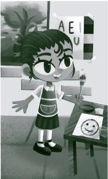 Ilustración de una niña con delantal frente a un caballete, pintando un dibujo con una sonrisa; a su lado hay un cartel con letras A, E, I, U y una planta. Crédito: Armando Armenta, Plan 3, Guanajuato.