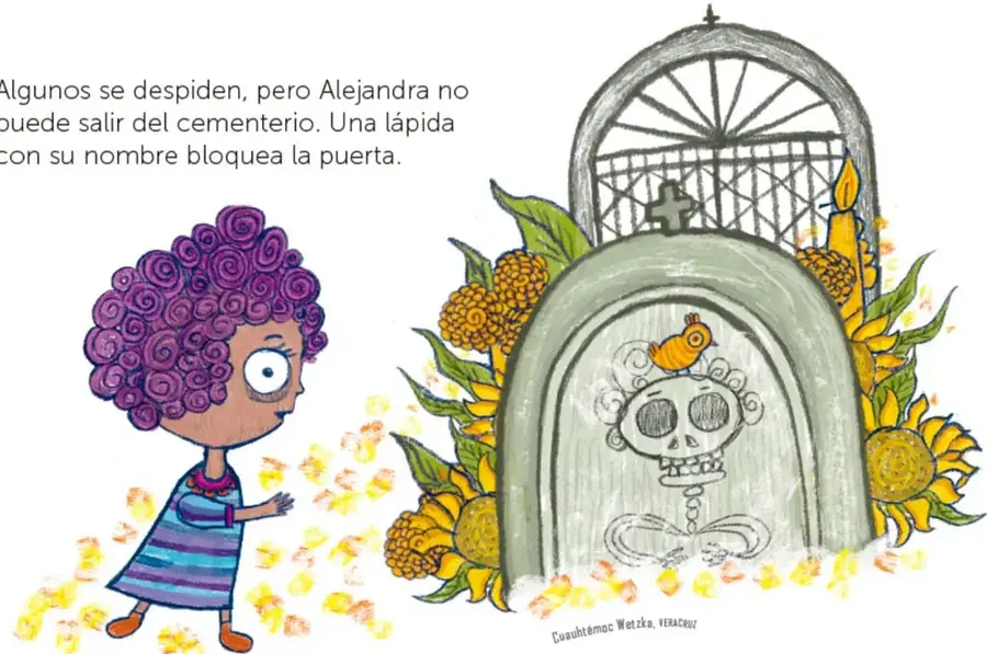 Alejandra observa una tumba grande con reja y cruz, decorada con velas, girasoles y cempasúchiles; la lápida muestra una calavera grabada con un pajarito amarillo encima.