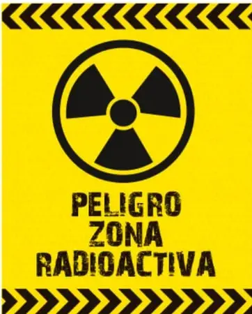 Señal amarilla y negra de peligro con el símbolo de radiación y el texto PELIGRO ZONA RADIOACTIVA, borde con franjas diagonales de peligro.
