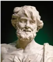 Busto de mármol de Demócrito, filósofo griego sonriente.