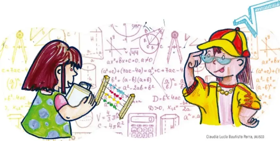 Ilustración de dos estudiantes frente a un pizarrón con fórmulas matemáticas (ecuaciones, fórmulas de Bhaskara, volumen de esfera), uno lee un libro y otro observa; al lado hay un compás, un calculador y una escuadra. Crédito: Claudia Lucía Bautista Parra, IMISIC.