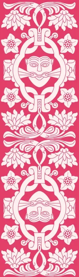 Ilustración decorativa en blanco sobre fondo rosa con motivos florales y dos rostros humanos estilizados enmarcados en óvalos, de inspiración prehispánica (arte popular mexicano).