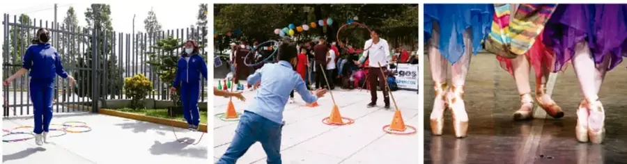 Tres fotografías bajo el rótulo 'Actividad física': personas saltando la cuerda, una actividad lúdica con aros y conos en espacio público, y pies de bailarinas de ballet en zapatillas de punta.