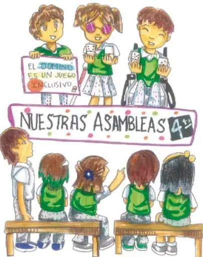 Grupo de estudiantes en asamblea con un cartel que dice 'Nuestras asambleas' y otro que menciona 'El dominó es un juego inclusivo'.
