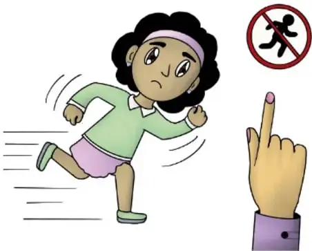 Ilustración de una niña corriendo con gesto serio, junto a una señal de prohibición de correr y un dedo indicando la norma. Crédito: Guillermo de Marco Rojas Palos, JALISCO.