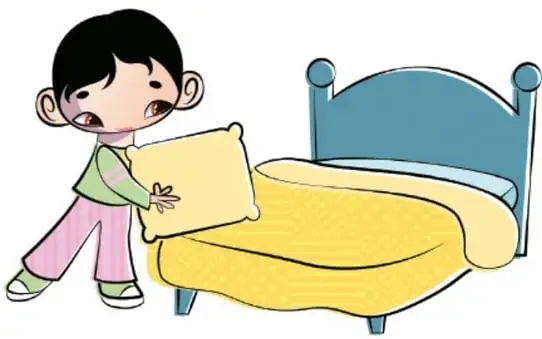 Niño de pijama colocando una almohada y arreglando su cama amarilla, ilustración de Ru Mendoza, Puebla.