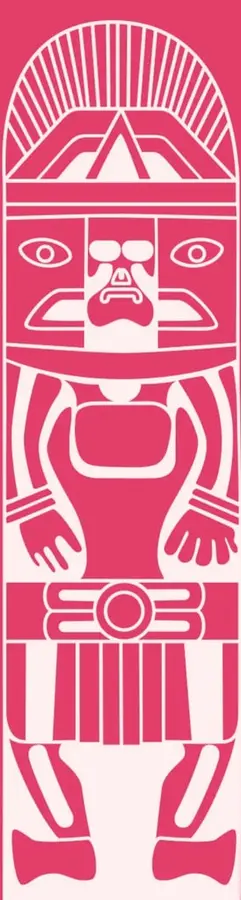 Ilustración estilizada de un ídolo o deidad prehispánica en color rosa y blanco, con tocado radiado, rostro con ojos y boca, cuerpo con brazos y piernas, y un cinturón con un círculo central.