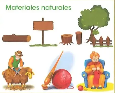 Ilustración de materiales naturales, como madera, lana y elementos provenientes de la naturaleza.