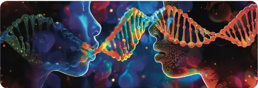 Imagen de fondo oscuro con representación artística de moléculas de ADN en colores neón (verde, naranja, azul). En el centro aparecen dos perfiles humanos de frente, con las hélices de ADN emergiendo entre ellos. La imagen evoca la relación entre ciencia genética y humanidad, temática central de la bioética.