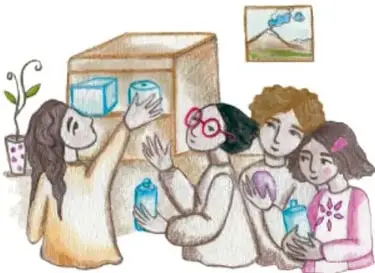 Ilustración de estudiantes colocando productos en un botiquín escolar.