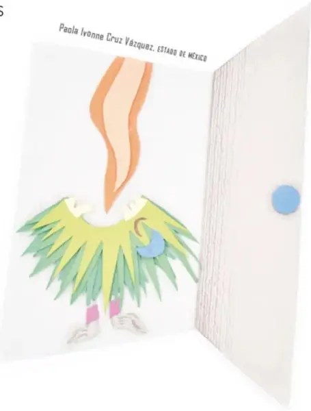 Ilustración en papel plegado tipo libro: el monstruo de estambre verde con rayas, piernas a rayas rosa y una cobija naranja colgando de su boca como si la comiera; crédito de Paola Ivonne Cruz Vázquez.