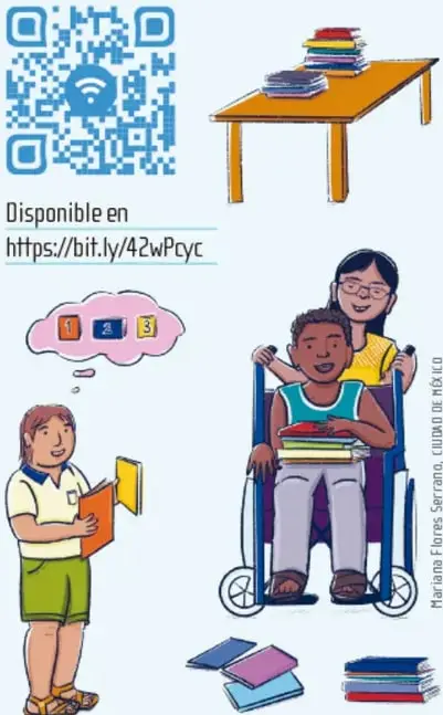 Ilustración de tres niños con libros: una niña con globos de pensamiento numerados 1, 2, 3; una niña de lentes sonriendo detrás de un niño en silla de ruedas cargando libros; de Mariana Flores Serrano, Ciudad de México.