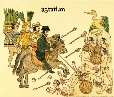 Ilustración estilo códice titulada 'aztlatlan' que muestra el encuentro entre españoles a caballo y pueblos originarios durante la Conquista.