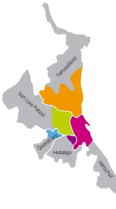 Mapa de México que resalta en colores las cinco entidades federativas donde se ubica la región de la Huasteca: Tamaulipas (naranja), San Luis Potosí (verde), Querétaro (celeste), Hidalgo (magenta) y Veracruz (gris).