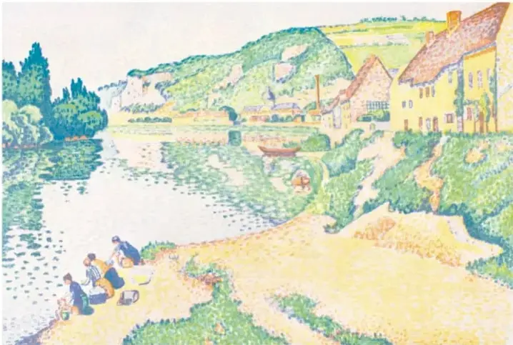 Pintura 'Los Andelys' de Paul Signac, 1895, con paisaje fluvial y figuras.