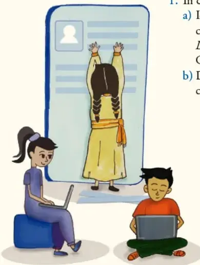Ilustración de tres estudiantes trabajando con laptops y una tableta frente a una pantalla grande; uno de ellos señala información en la pantalla.