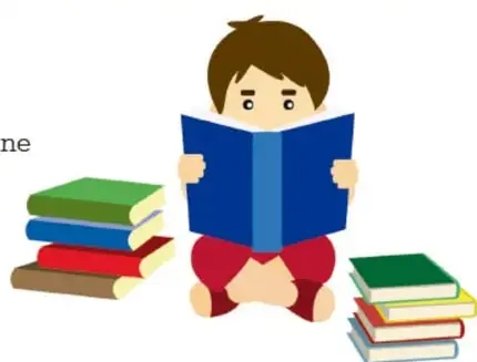 Ilustración de un niño sentado leyendo un libro azul, rodeado de pilas de libros de colores.
