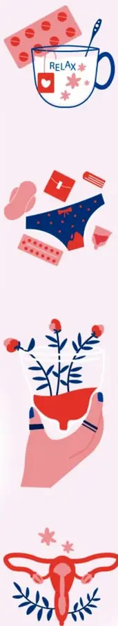 Ilustración de una taza con la palabra RELAX, pastillas y una cuchara.