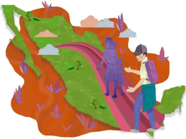 Ilustración de dos jóvenes con mochilas caminando por un camino rosado dentro de un paisaje colorido con nubes y plantas; crédito: Ángel Campos Frías, Ciudad de México.