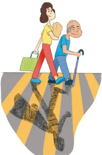Ilustración de una joven ayudando a un adulto mayor con bastón mientras cruzan la calle; crédito a Gerardo Hernández Soto, Estado de México.