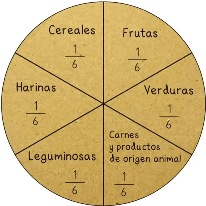 Círculo dividido en 6 sectores iguales con los grupos del Plato del Bien Comer y la fracción 1/6 en cada uno.
