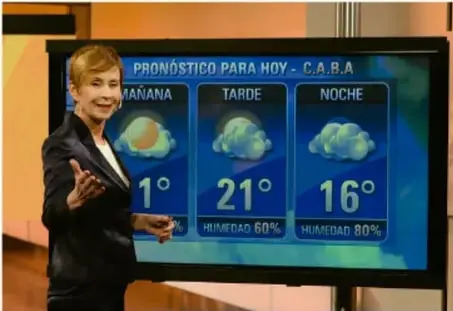 Fotografía de una meteoróloga frente a un tablero con el pronóstico del tiempo para C.A.B.A. (mañana 11°, tarde 21°, noche 16°, humedad 60% y 80%), ilustrando la difusión de información científica en medios.