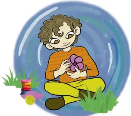 Ilustración de un niño sentado en el pasto sosteniendo una flor, dentro de un círculo azul. Crédito: Itlali González Tapia y Daniela Estrella Montero, Ciudad de México.