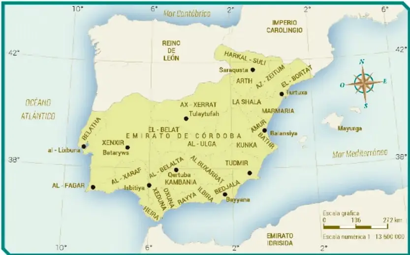 Mapa histórico titulado "Emirato independiente de Córdoba" que muestra la península ibérica con regiones islámicas, el Reino de León, el Imperio Carolingio, el Mar Mediterráneo, el Océano Atlántico y el Mar Cantábrico. Incluye escala gráfica de 272 km y escala numérica 1:13 600 000.
