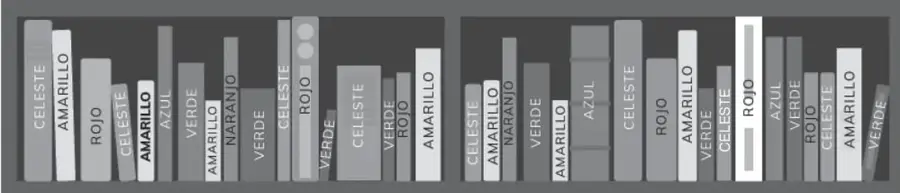 Estantería con libros de distintos colores: celeste, amarillo, rojo, azul, verde y naranjo.