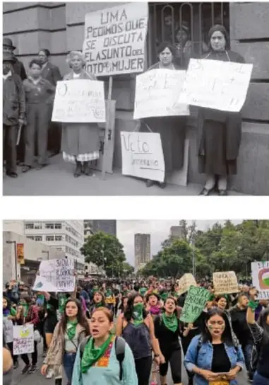 Mujeres sosteniendo carteles con mensajes como 'LIMA PEDIMOS QUE SE DISCUTA EL ASUNTO DEL ABORTO' y 'VOTO'. Parecen ser parte de una protesta por los derechos reproductivos.